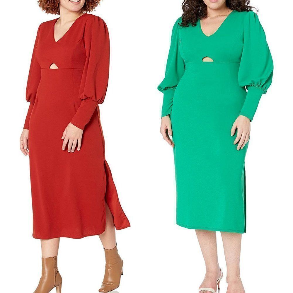 Balloon Sleeve Keyhole Side Slit Midi Dress SIZE L NWT